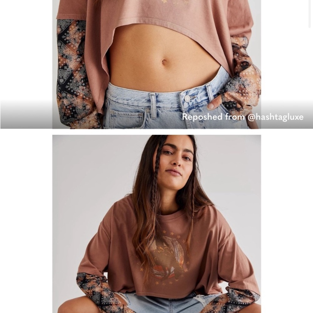 Free People x Vintage Souls Bandana Rodeo Twofer Cropped Tee Long Sleeve Top - Picture 9 of 9
